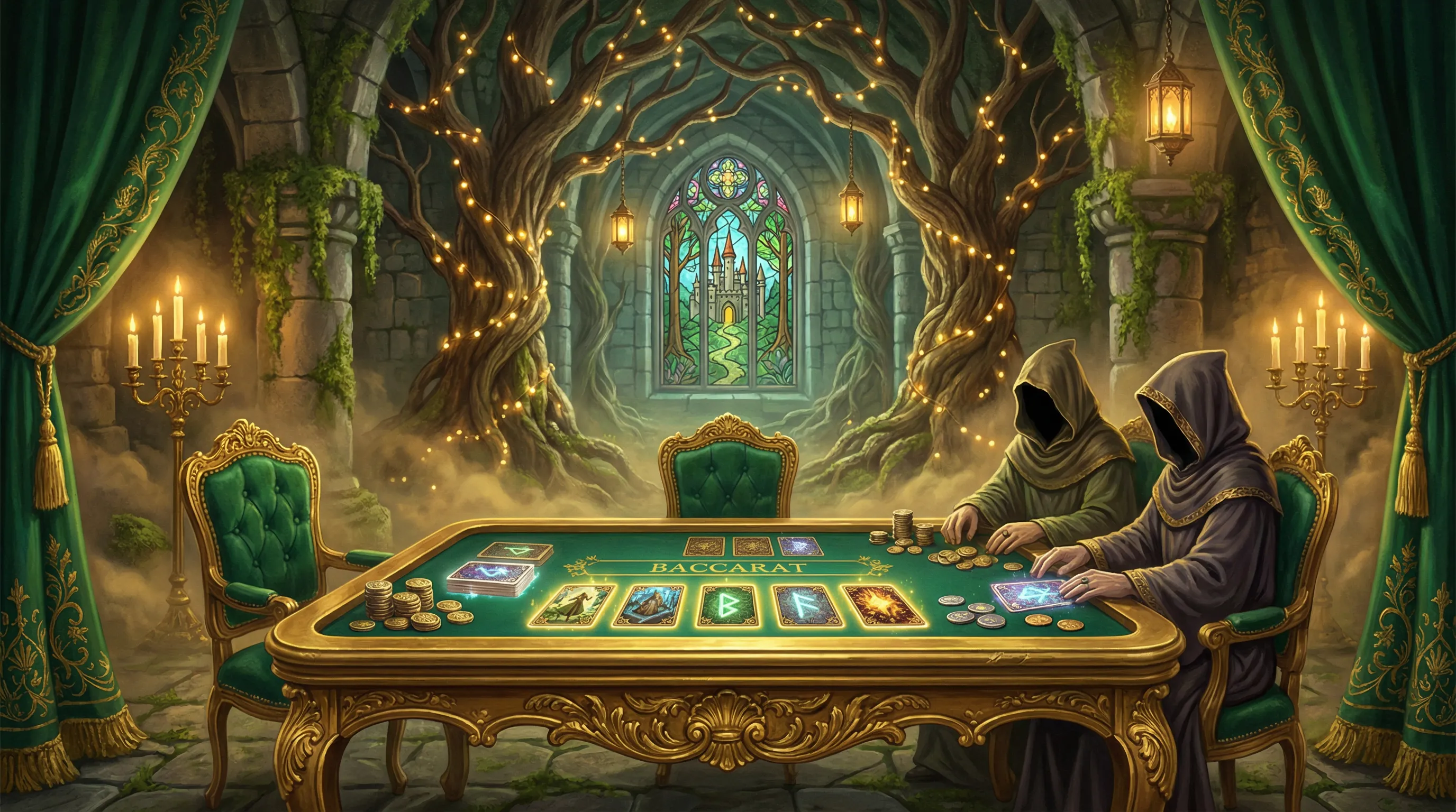 Mesa de bacará elegante com cartas douradas no Verabet